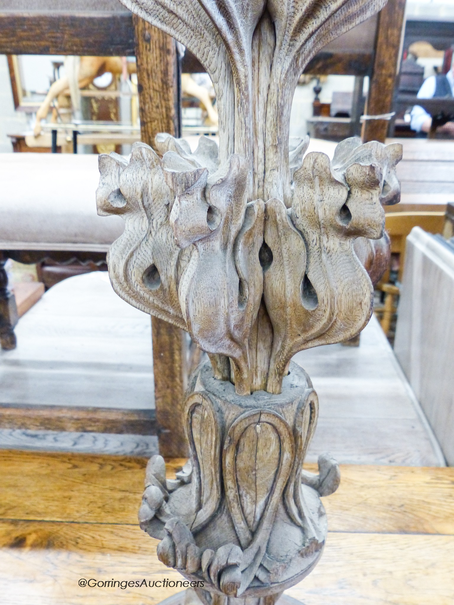 A 19th century decorative carved limed oak finial, height 80cm